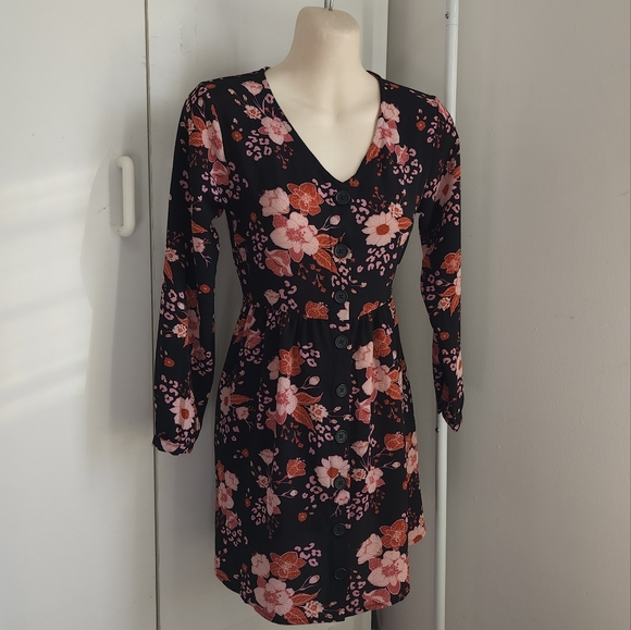 Aus 10 K-D Floral Red Black Long Sleeve V Neck Dress - Picture 4 of 16